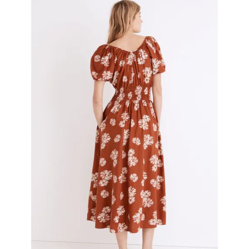 Madewell Linen-Blend Sophia Midi Dress Rust Floral Puff Sleeve Fall pockets Med - Picture 4 of 12
